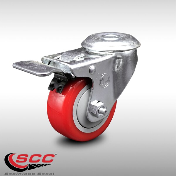 3 Inch SS Red Polyurethane Wheel Swivel Bolt Hole Caster with Total Lock Brake